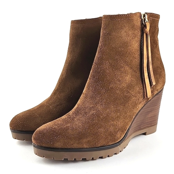 Fabianelli Tan Suede Lined Ankle Boots Almond Toe Stacked Wedge Sole Size 39 - Picture 4 of 16